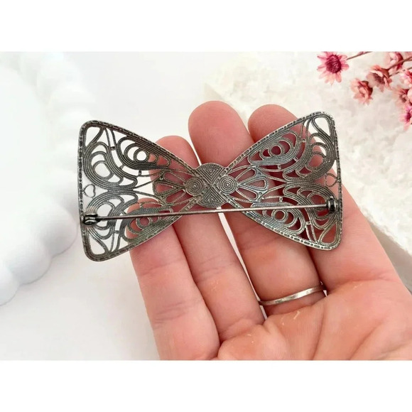 Art Deco Large XL Vintage Textured Handcrafted Cannetille Style Bowtie Brooch - Picture 8 of 10
